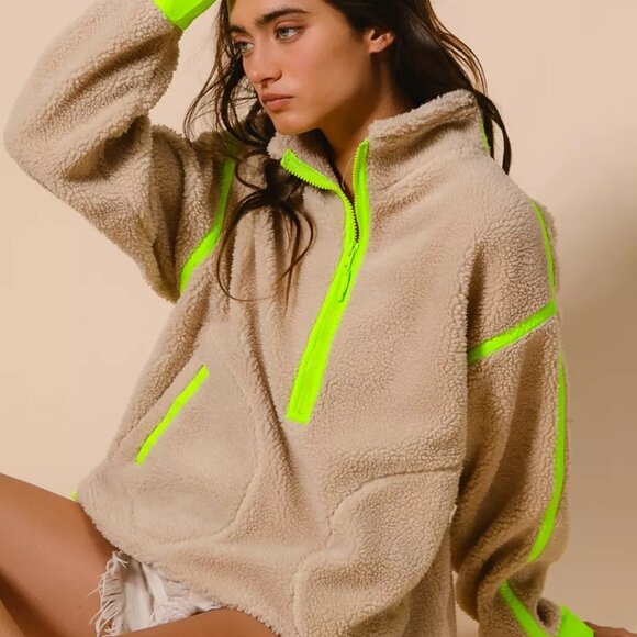 BiBi Contrast‎ Edge Half Zip Up Sherpa Jacket - Picture 4 of 9